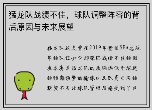 猛龙队战绩不佳，球队调整阵容的背后原因与未来展望