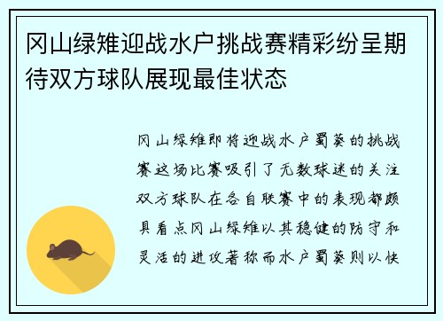 冈山绿雉迎战水户挑战赛精彩纷呈期待双方球队展现最佳状态